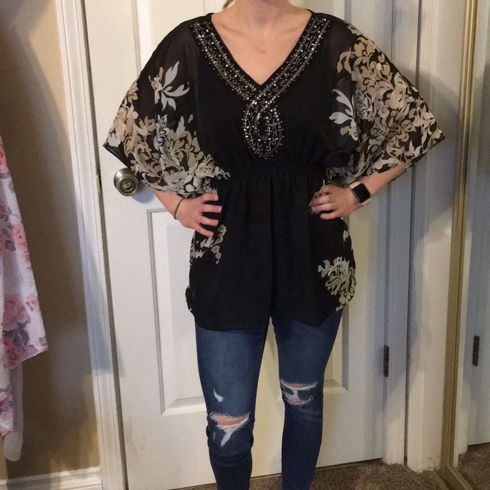Black and Tan sheer beaded blouse